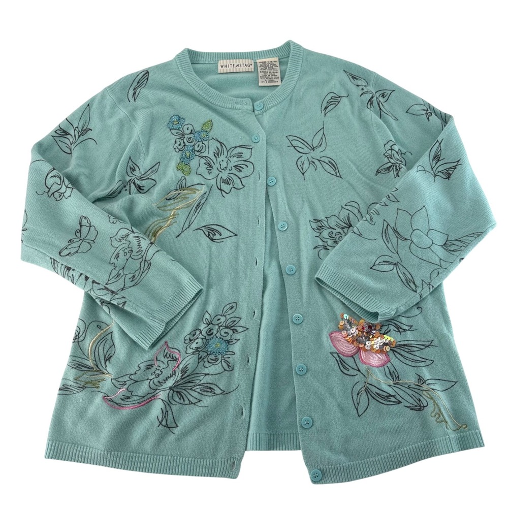 White Stag Sheer Aqua Floral Butterfly Sequin Cardigan Sweater Womens M soft